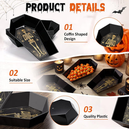 Honeydak 24 Pcs Halloween Candy Bowl, Plastic Coffin Shaped Serving Trays