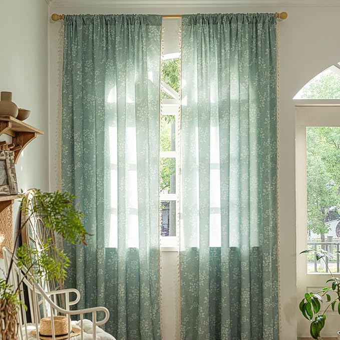 ENJOYBRIDAL Floral Curtains 84 Inches Long Sage Green Farmhouse Drapes Living - Image 2