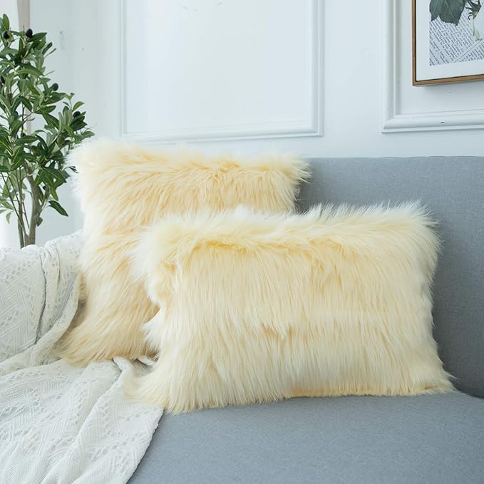 LIGICKY Set of 2 Decorative Lumbar Pillow Covers Soft Light Yellow Fluffy Throw - Image 2