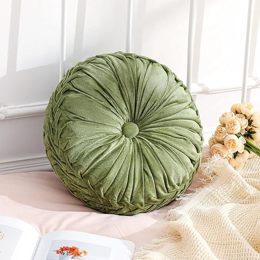 1 Pcs Round Throw Pillows Decorative Velvet Pleated Throw Pillows 15'' Diameter by Drydiet