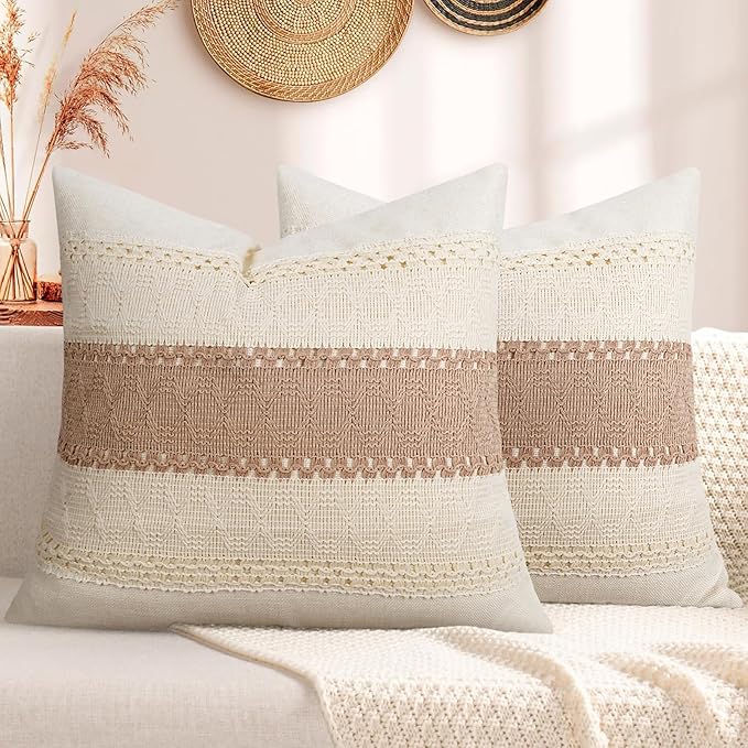 Pyonic Pack of 2 Boho Throw Pillow Covers 18x18 Inch Farmhouse Decorative Throw - Image 4
