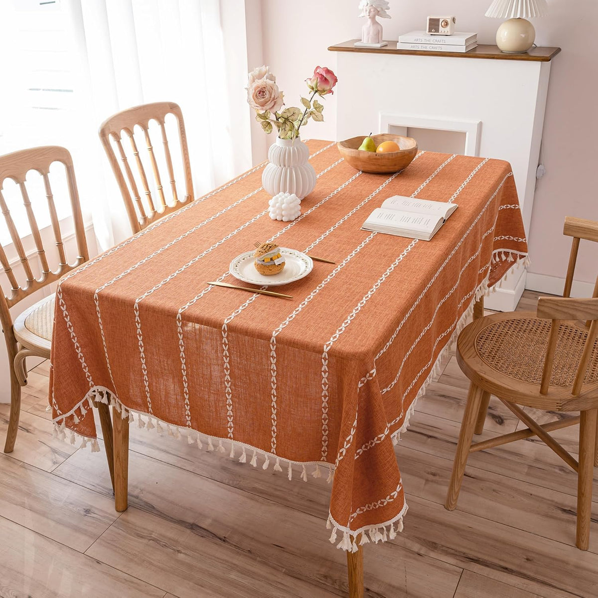 Burnt Orange Linen Rectangle Table Cloth with Tassel Farmhouse Burlap Tablecloths for Kitchen Dining Heavyweight Oblong Table Covering Cloth Autumn Fall Halloween Holiday Boho Decor, 55x102 Inch