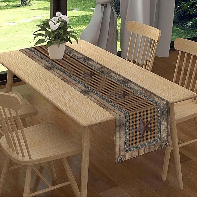Western Table Runner, Rustic Texas Star Wooden Plank Buffalo Plaid Farmhouse - Image 2
