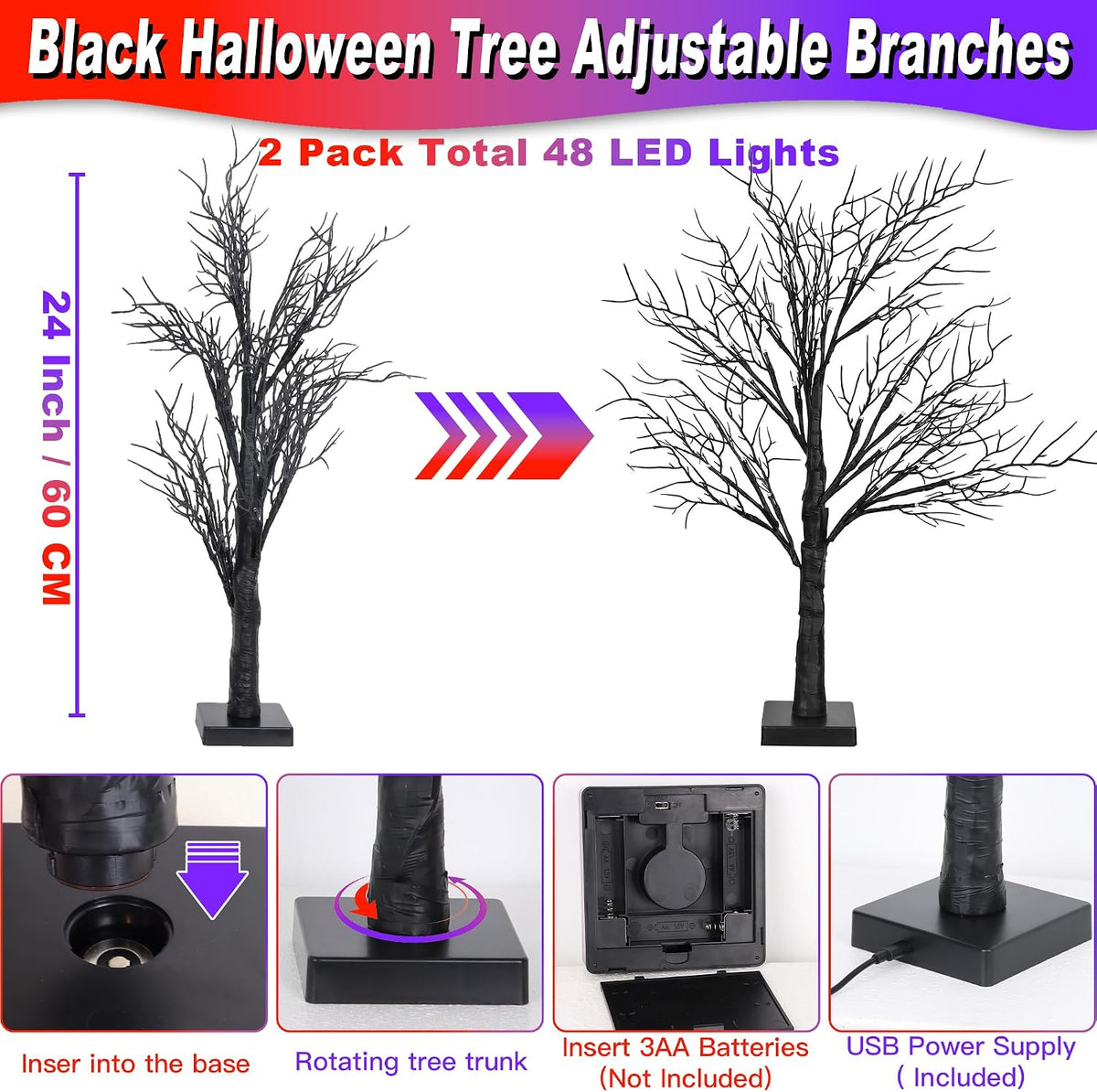 Halloween Decorations Indoor 2 Pack 24 Inch Black Halloween Tree with 48 Orange Purple Led Lights, Timer/USB/Battery Operated Lighted Tabletop Spooky Tree for Table Home Office Party Decor