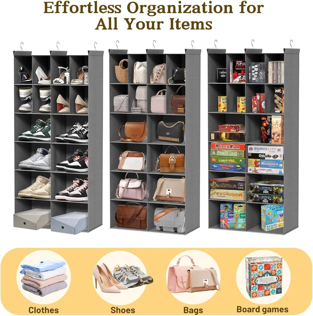 6 tier hanging closet organizer, 16 compartments dual, front angle view