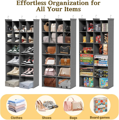 6 tier hanging closet organizer, 16 compartments dual, front angle view