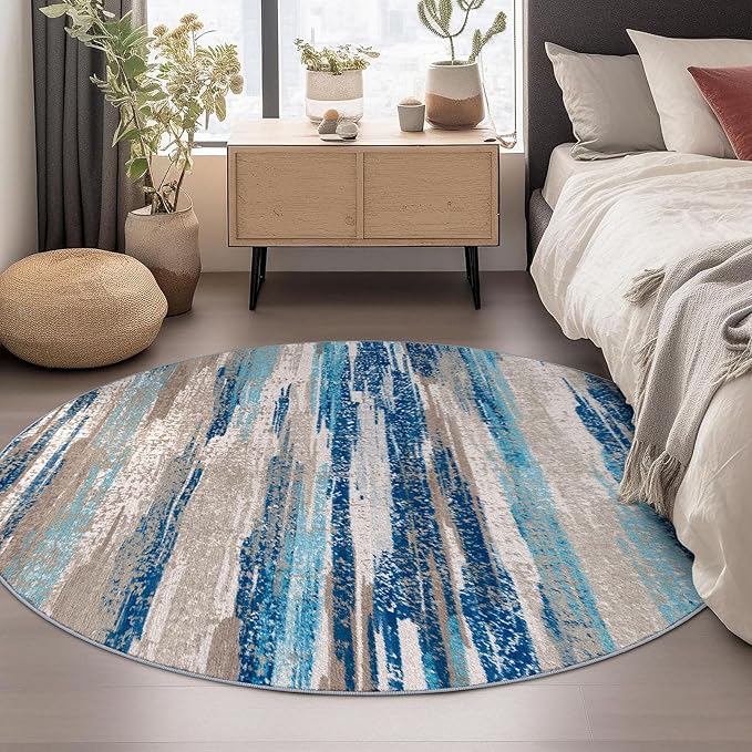Modern Abstract Round Rug 6Ft, Circular Dining Room Rugs Thin Print Faux Wool - Image 2