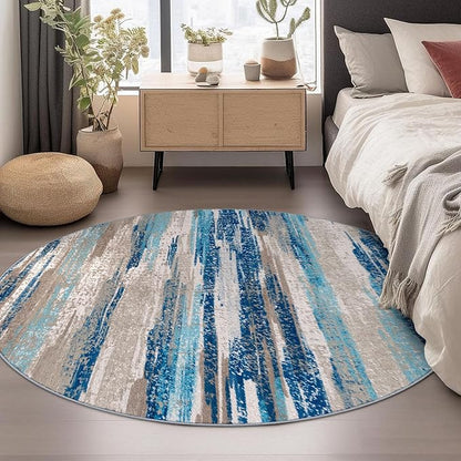 Modern Abstract Round Rug 6Ft, Circular Dining Room Rugs Thin Print Faux Wool - Image 2