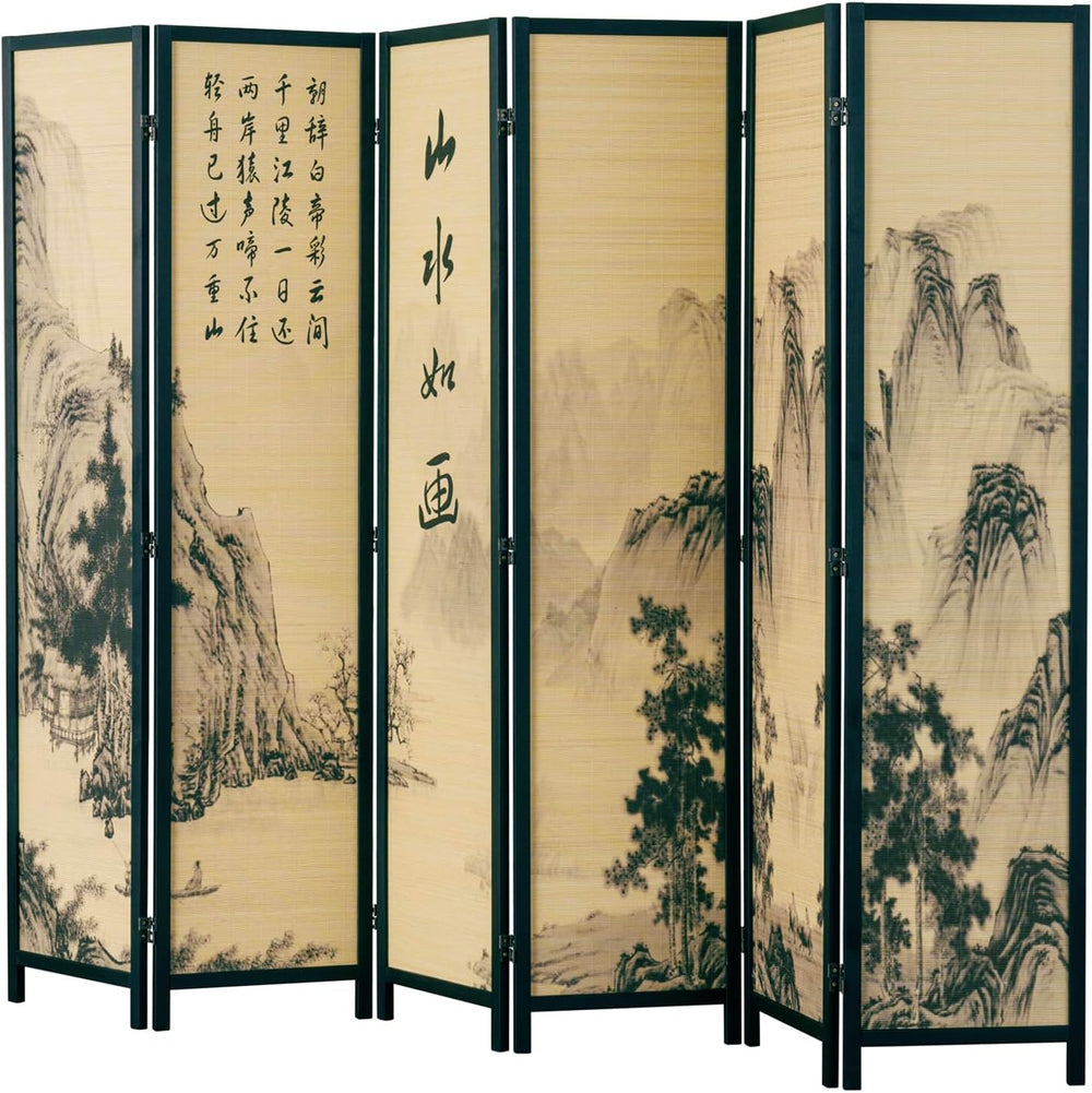 MyGift 6 Panel Room Divider with Bamboo Screen Chinese Calligraphy Design