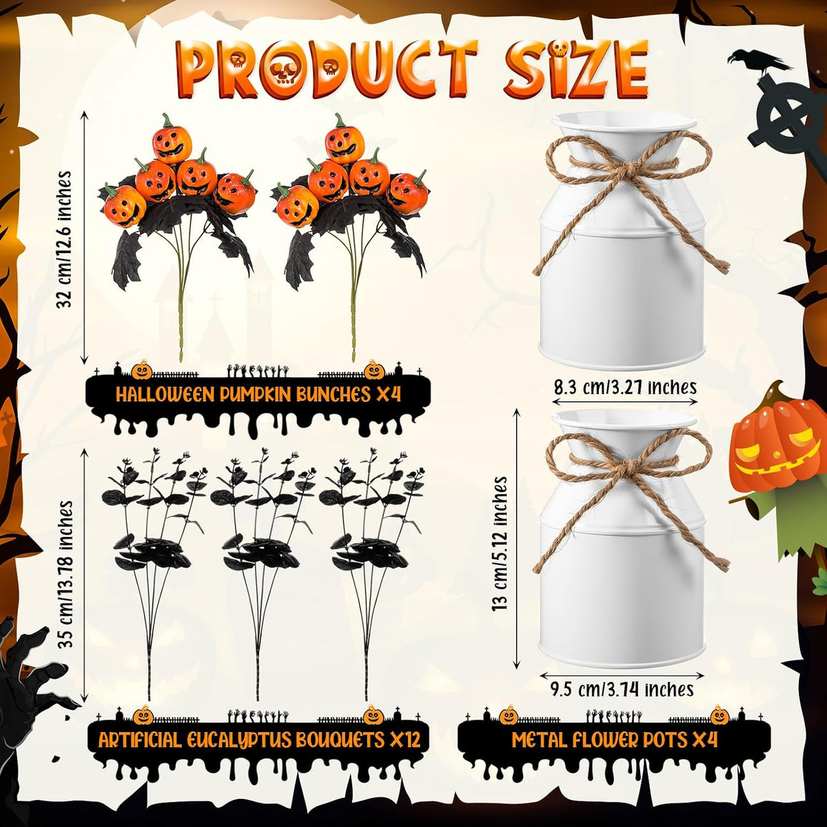 Thiccywoov 4 Sets Halloween Table Centerpiece Decorations Artificial Black Pumpkins Eucalyptus with Metal Vase Faux Pumpkins Plants in Pots for Halloween Trick or Treat Party Home Dining Table Decor