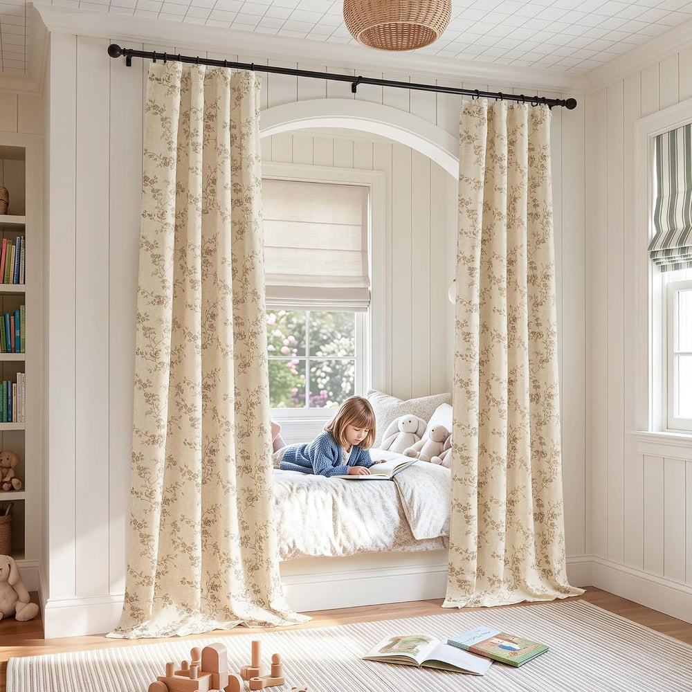 jinchan Linen Blackout Curtains Taupe Floral 84 Inch Back Tab 2 Panels