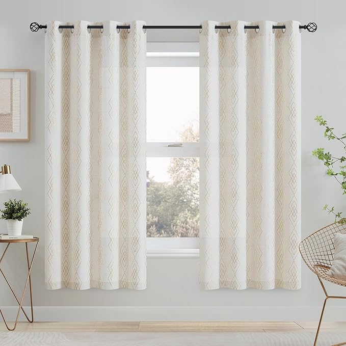 Linen Boho Curtains for Bedroom, 63 Inch Length Curtains Gold Foil Metallic - Image 2