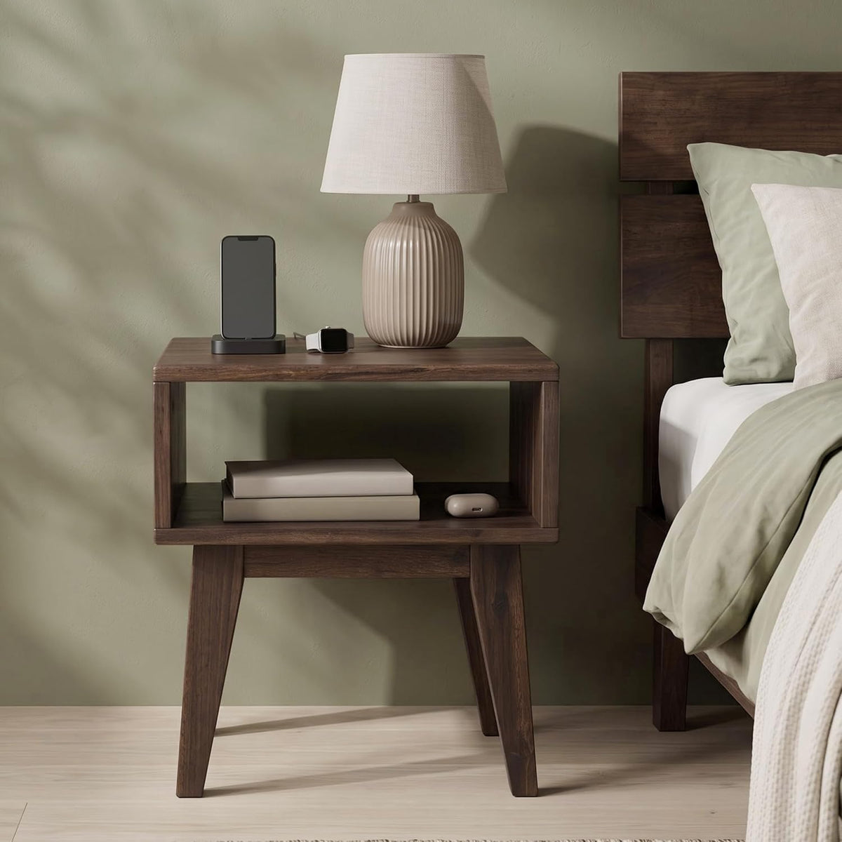 acacia serena nightstand solid wood nightstand with open, side view