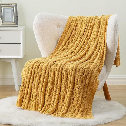 Battilo Mustard Yellow Throw Blanket 51"x67" Chenille Knitted Throw Blanket - Image 2