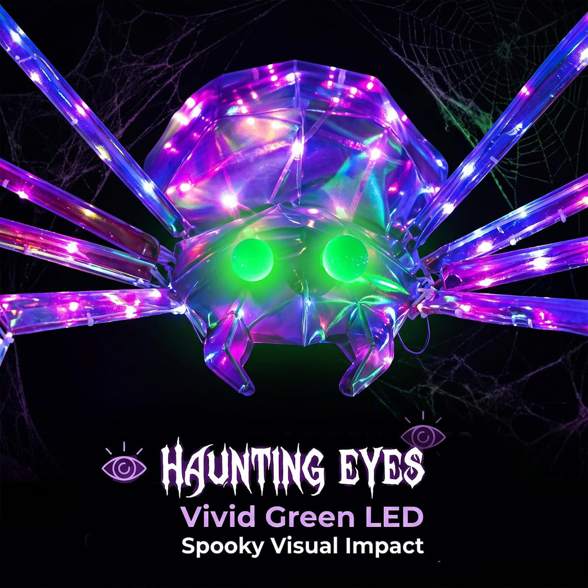 7FT Giant Halloween Spider Decorations Outdoor – Prismatic Iridescent Light-Up Spider with 170 LED Lights & Green Glowing Eyes, Easy Assembly, for Yard, Lawn, Porch, Garden, Haunted House, Party
