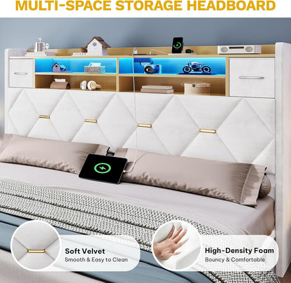 yitahome full size bed frame with 2 storage showing dimensions