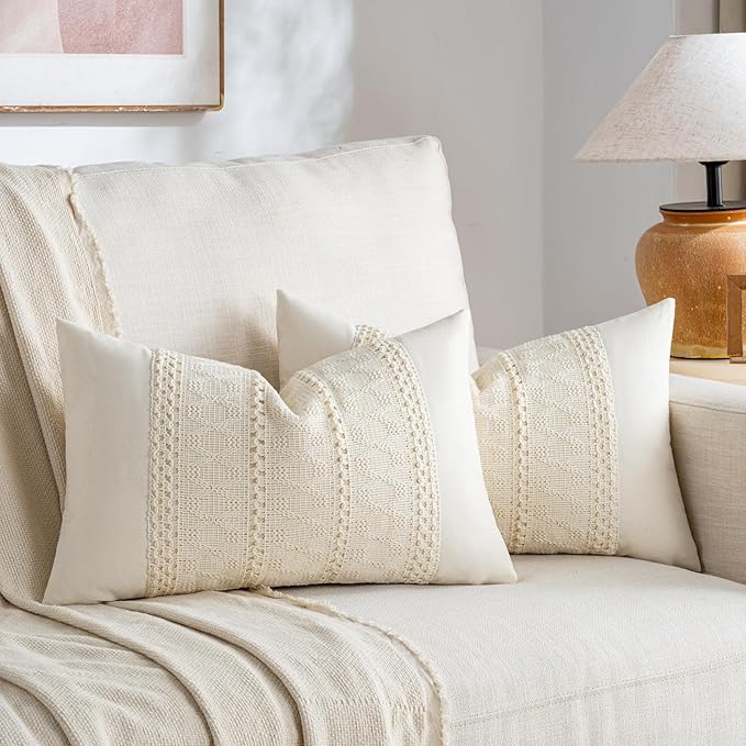 Fancy Homi Set of 2 Boho Cream Lumbar Decorative Throw Pillow Cover 12x20 Inch by Fancy+Homi
