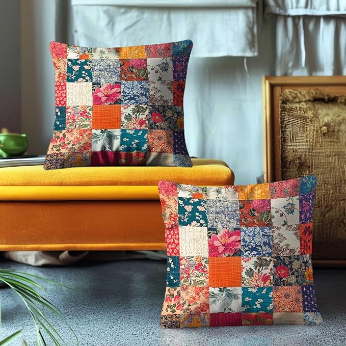 Printed Floral Patchwork Throw Pillow Covers 18x18 Set of 2 | Vintage - Image 4