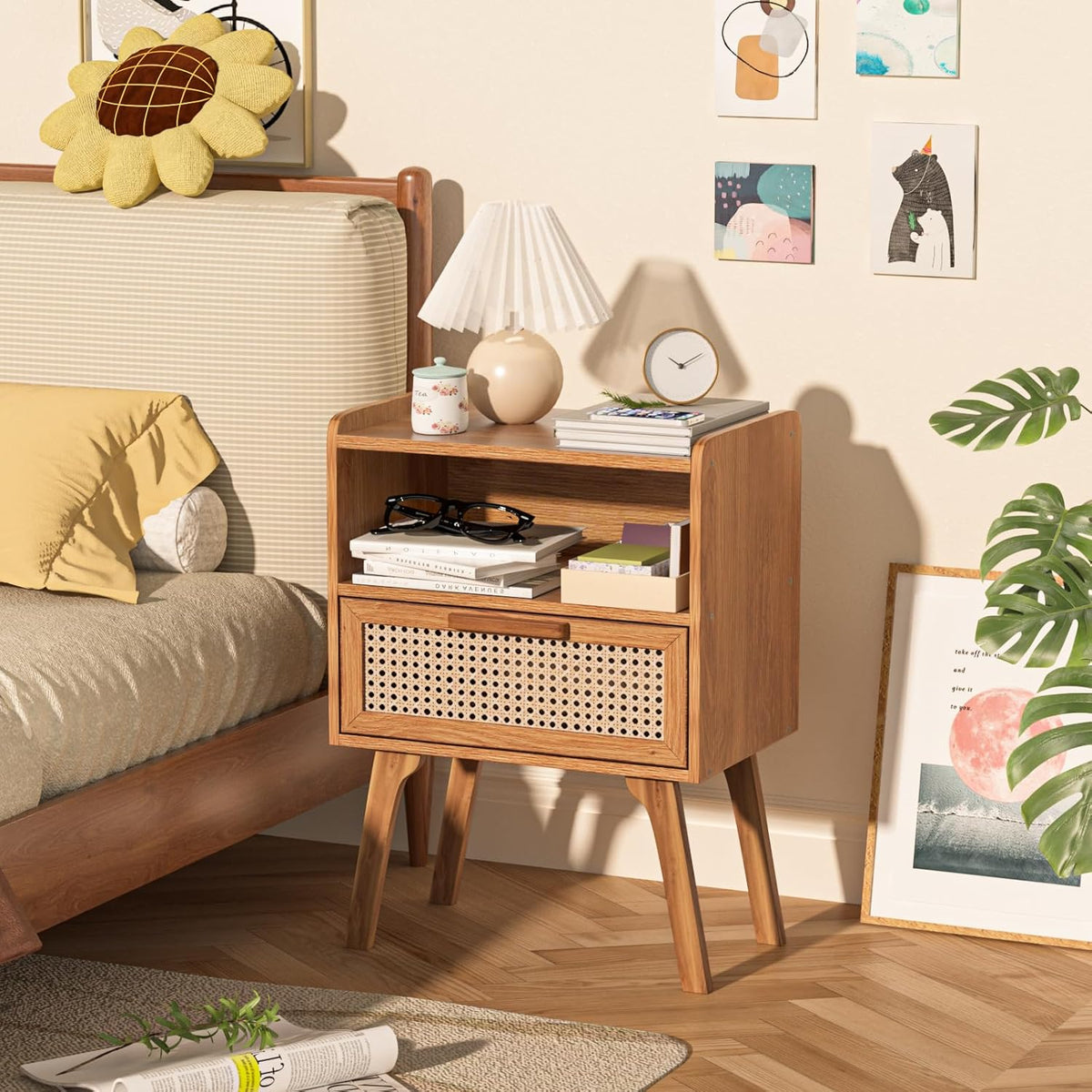lerliuo rattan nightstand, side table with drawer open shown in use