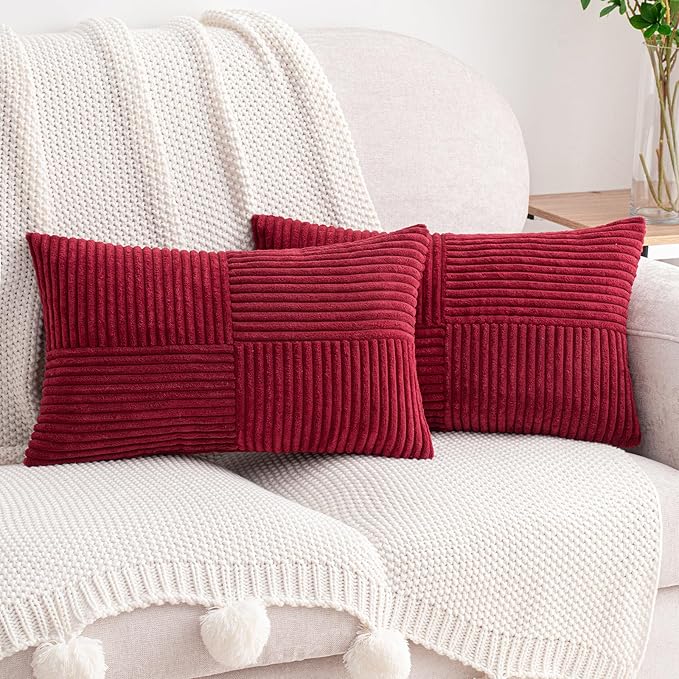 HWY 50 Burgundy Red Corduroy Patchwork Throw Pillow Covers 12x20 Inch Rectangle by HWY50