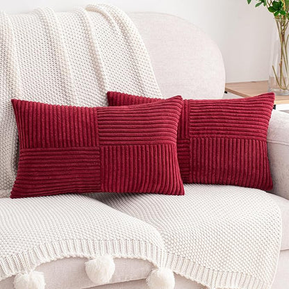 HWY 50 Burgundy Red Corduroy Patchwork Throw Pillow Covers 12x20 Inch Rectangle by HWY50