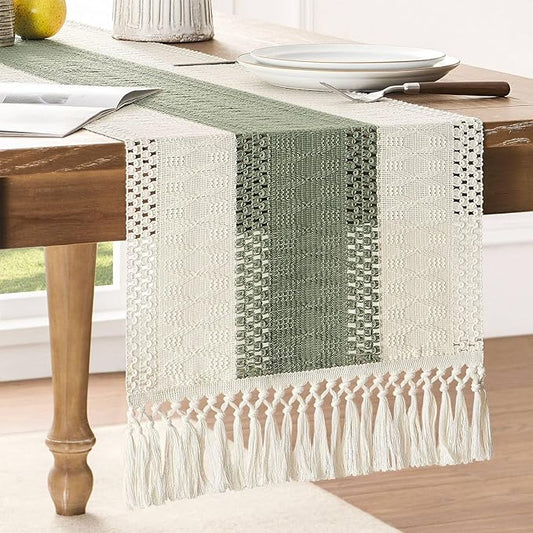 ZeeMart Macrame Style Bicolor Stitching Table Runner, 14 x 72 Inch Green/Ivory by ZEEMARTONLINE