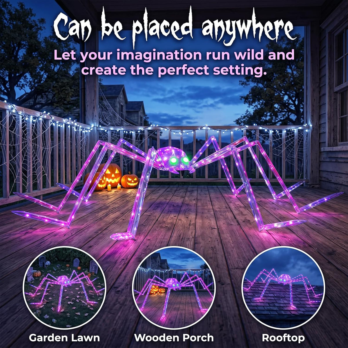 7FT Giant Halloween Spider Decorations Outdoor – Prismatic Iridescent Light-Up Spider with 170 LED Lights & Green Glowing Eyes, Easy Assembly, for Yard, Lawn, Porch, Garden, Haunted House, Party
