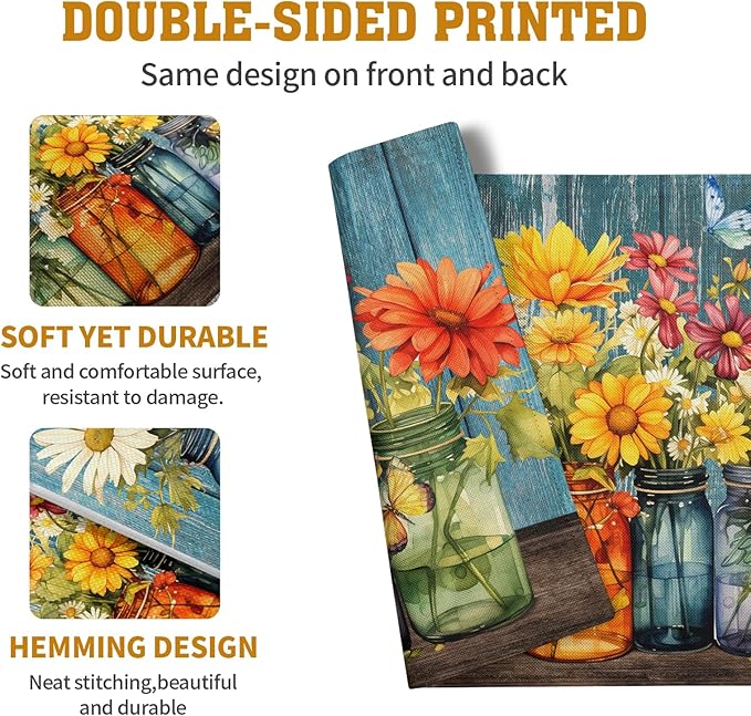 Rustic Daisy Placemats Set of 4 Vintage Flower Vases Wood Grain Linen Table - Image 5