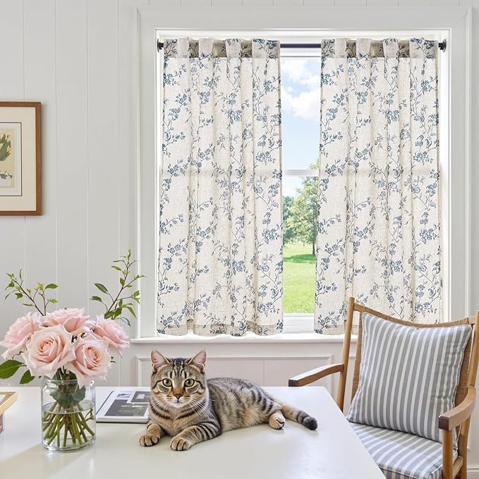 jinchan Floral Kitchen Curtains 45 Inch Linen Tier Curtains Farmhouse Cafe Half - Image 6