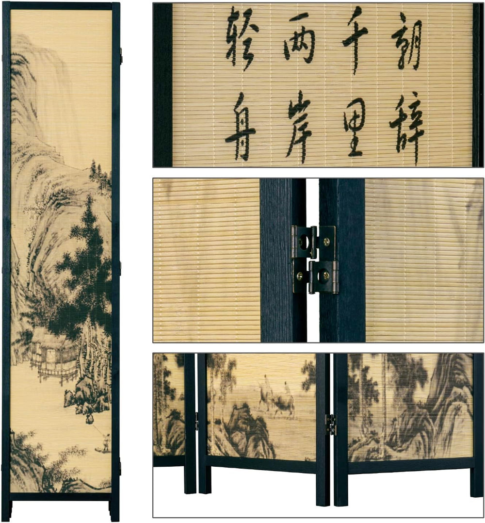 MyGift 6 Panel Room Divider with Bamboo Screen Chinese Calligraphy Design