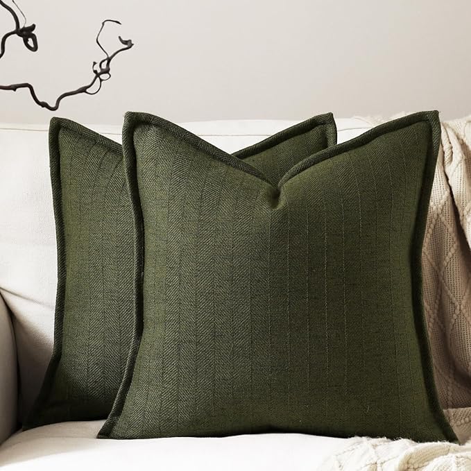 18x18 Linen Pillow Covers Olive Green Pack of 2 Farmhouse Boho Neutral Accents by DEZENE