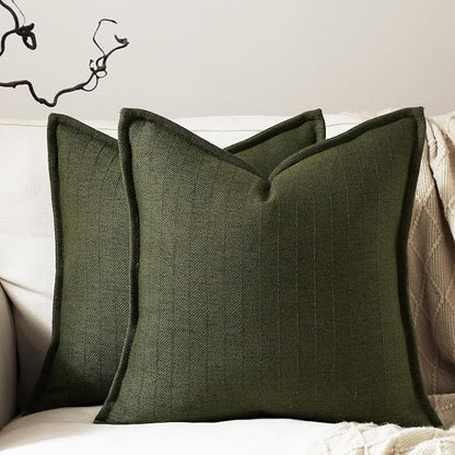18x18 Linen Pillow Covers Olive Green Pack of 2 Farmhouse Boho Neutral Accents by DEZENE