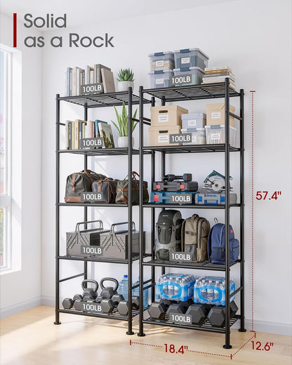 sakugi 2-pack 5-tier metal storage shelves, 18.4"x12.6"x57.4", black, close-up detail