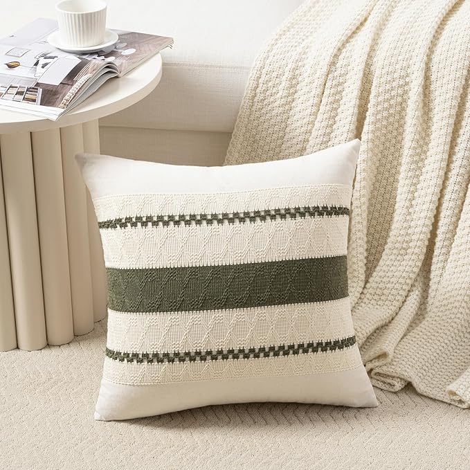 Fancy Homi Set of 2 Boho Moss Green Decorative Throw Pillow Cover 20x20 Inch - Image 2