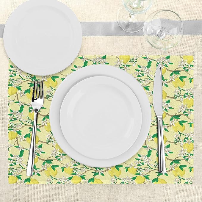 Ambesonne Lemons Place Mats Set of 4, Blooming Lemon Flowers on Tree Branches - Image 3