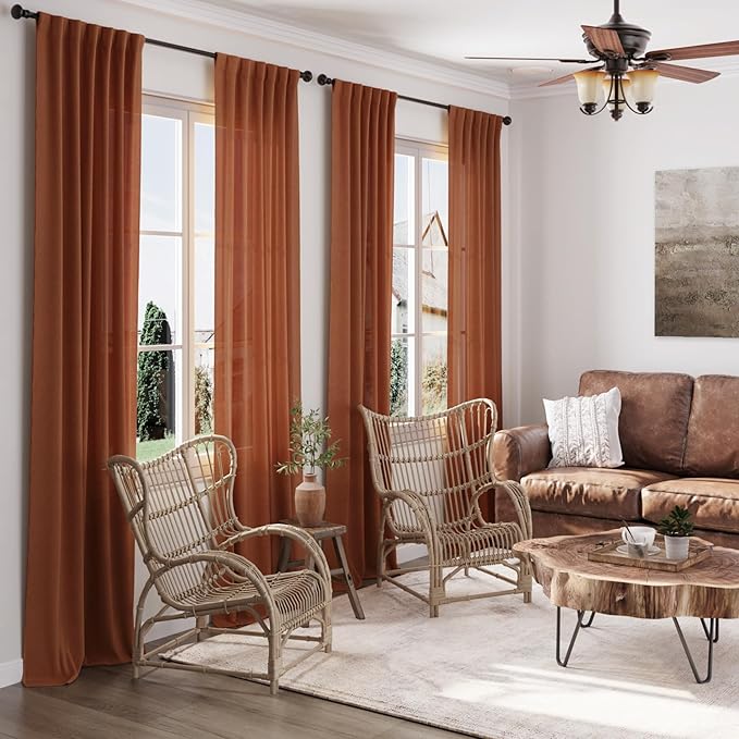 Rust Linen Curtains 90 inches Long 2 Panel Back Tab Rod Pocket Rustic Farmhouse - Image 2