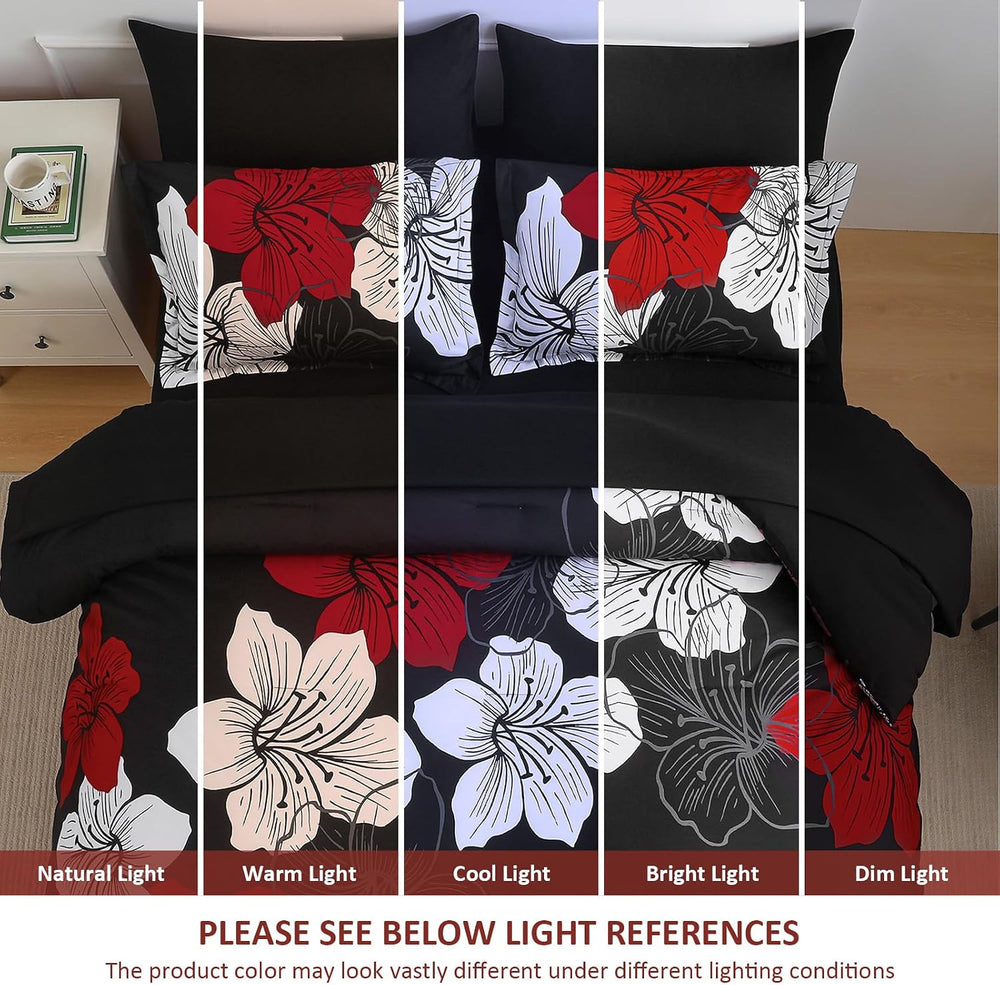 Luxudecor Red Black Comforter Set Queen Size, 7 Pieces Floral Bed in a Bag