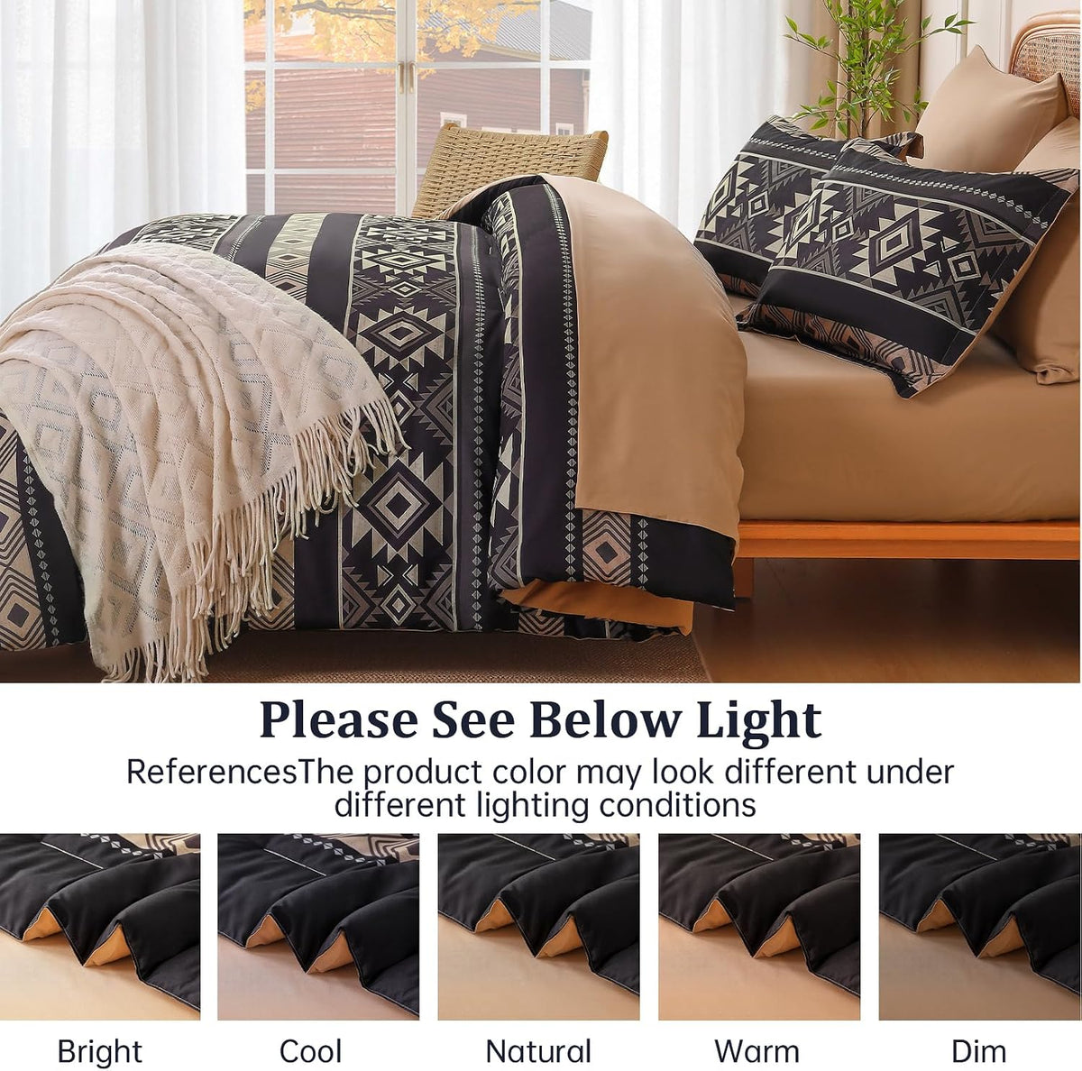 western queen comforter set, 7 pieces black brown, front angle view