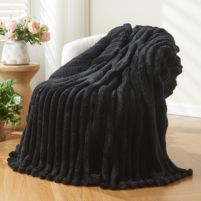NEWCOSPLAY Super Soft Twin Blanket Black Premium Silky Flannel Fleece 3D Ribbed by NEWCOSPLAY
