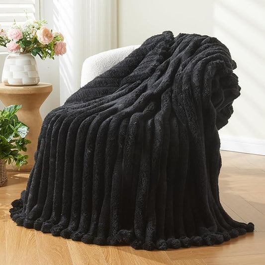 NEWCOSPLAY Super Soft Twin Blanket Black Premium Silky Flannel Fleece 3D Ribbed by NEWCOSPLAY
