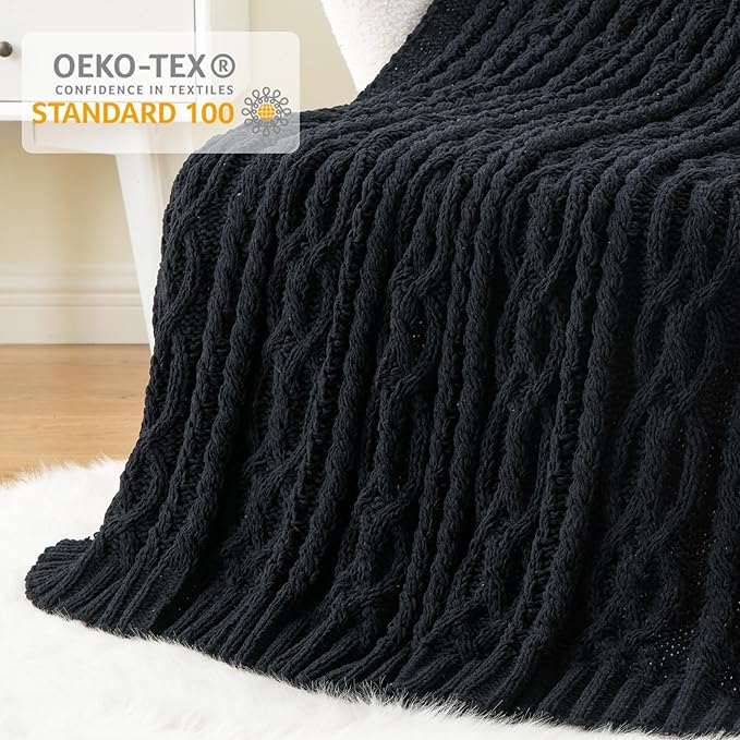 Battilo Black Throw Blanket for Couch, Cable Knit Blanket for Bed, Home Decor - Image 5