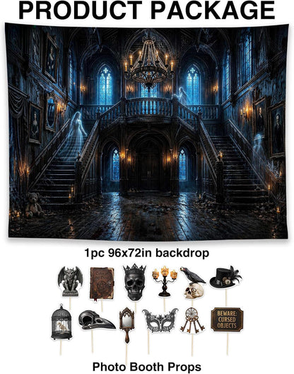 Allenjoy 96" x 72" Halloween Mansion Photography Backdrop with Photo Booth Props, Party Decorations, Supplies and Favors