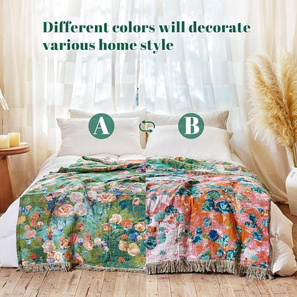 MSGKV Boho Throw Blanket for Bed Cotton Floral Twin Size Couch Blanket 60"x80" - Image 3