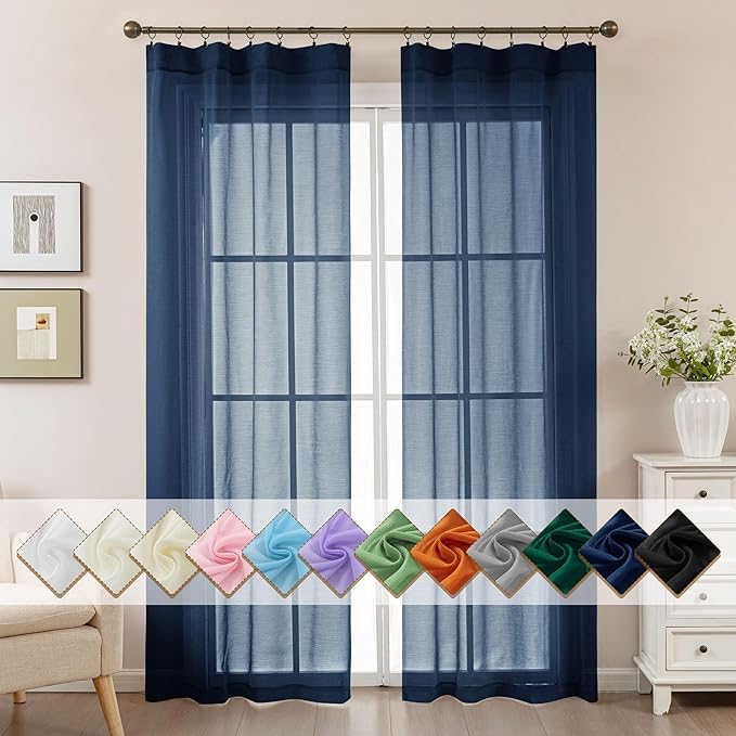 Navy Blue Sheer Curtains 84 Inches Long, Privacy Semi Sheer Curtains by ABLUEN