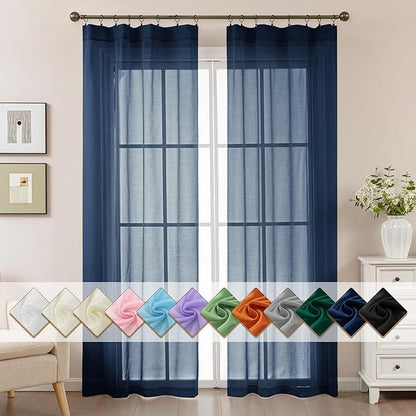 Navy Blue Sheer Curtains 84 Inches Long, Privacy Semi Sheer Curtains by ABLUEN
