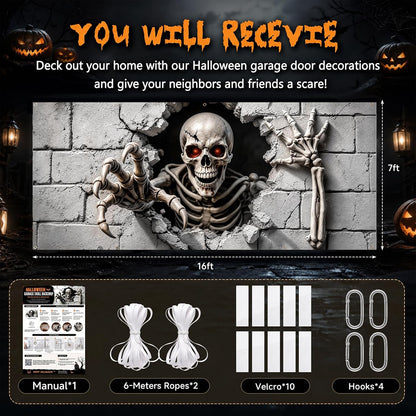 16 x 7 FT Halloween Garage Door Cover,Large 3D Skeleton Halloween Backdrop