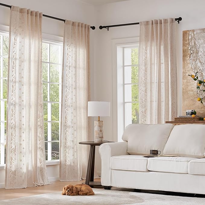 jinchan Winslow Linen Curtains for Bedroom 63 Inches Length Embroidered - Image 2