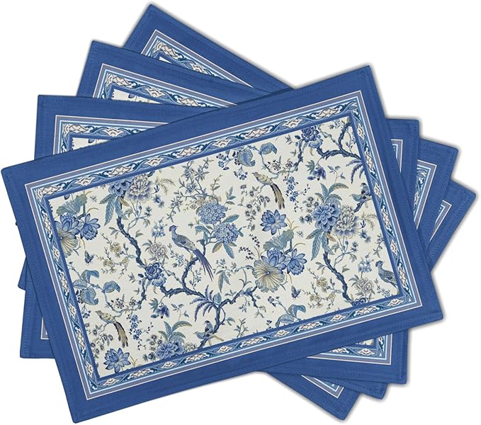 Giwawa 4PCs Chinoiserie Placemats Blue White Floral Birds Decorative Linen - Image 2