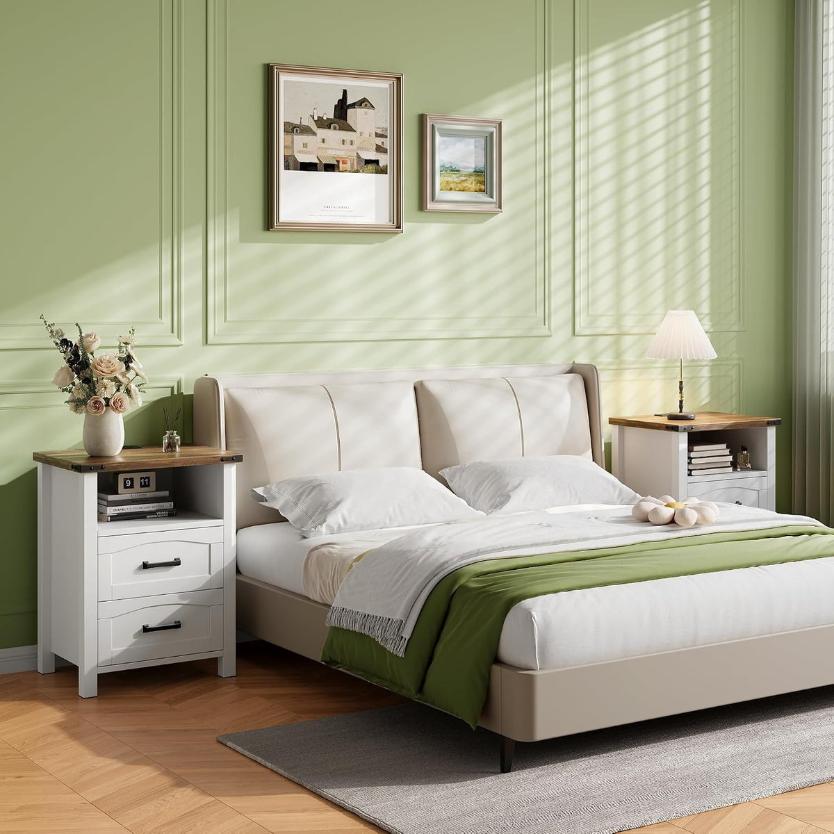 decofy farmhouse nightstand with charging station, 2 drawers, package contents