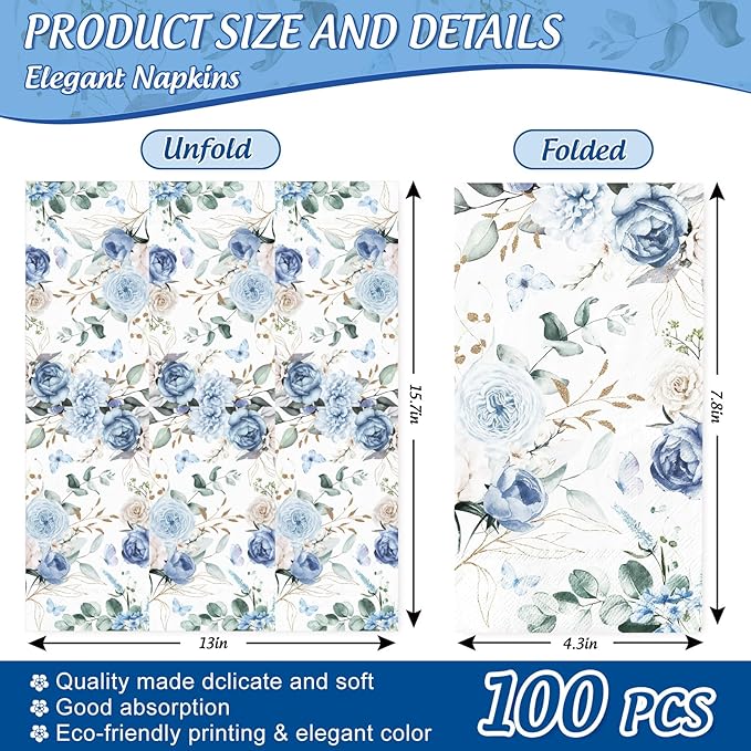 100Pcs Floral Guest Napkin Watercolor Blue Flower Butterfly Disposable Napkin - Image 2